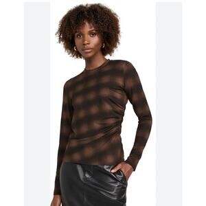 Vince Ruched Side Sheer Long Sleeve Top Brown Black XS Minimalist